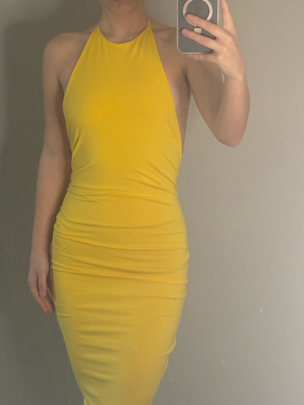 Backless Ruched Halter Dress - Yellow - Picture 3 of 3